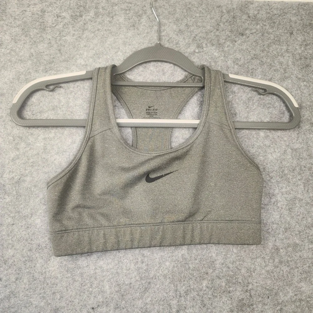 Nike Dri-FIT Racerback Sports Bra Heathered Grey Swoosh Logo Activewear